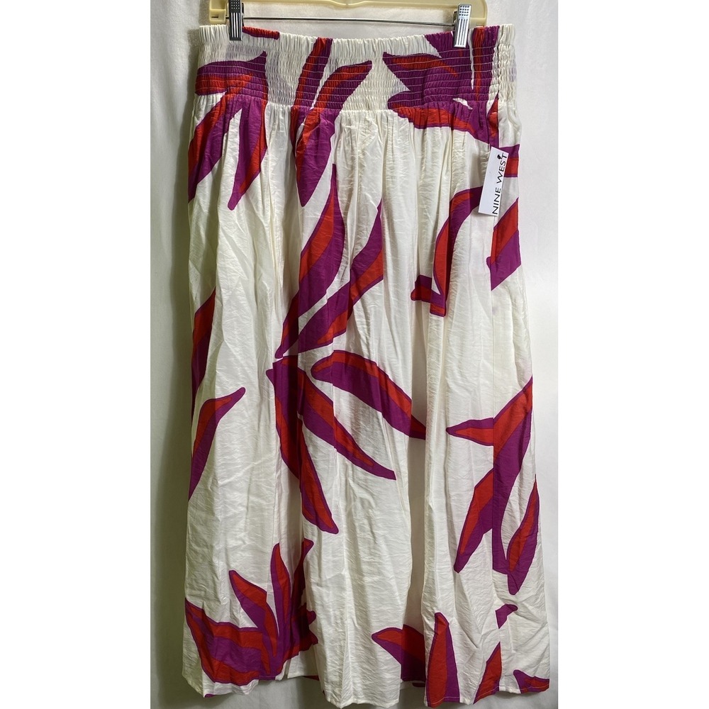 Nine West Smocked Waist Midi Skirt Tropical‎ Leaf Print White Purple Large NEW